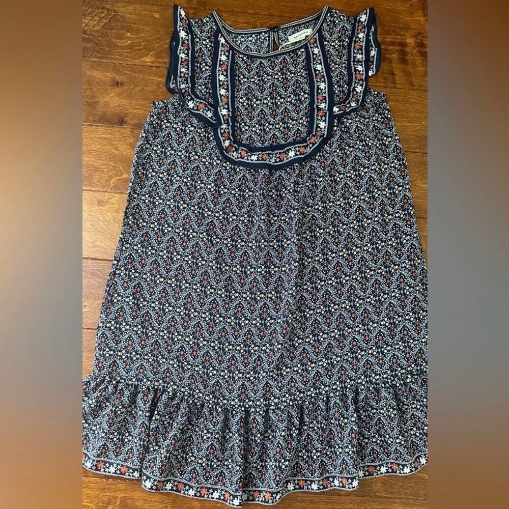 Max Studio Floral Boho Midi Dress Size Small NWT Navy Ruffle - Picture 3 of 7